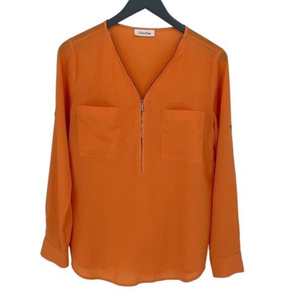 Calvin Klein Women's Pockets Roll Sleeve Button Blouse Orange Size Medium